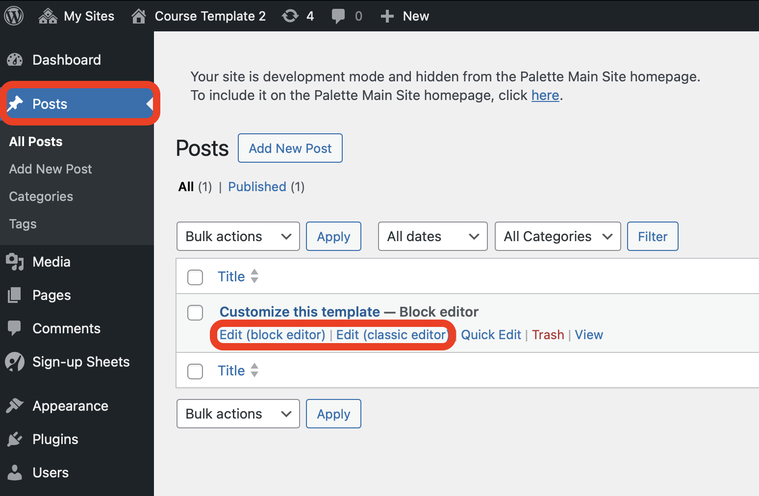 The Posts list with Edit (block editor) and Edit (classic editor) links below a post title